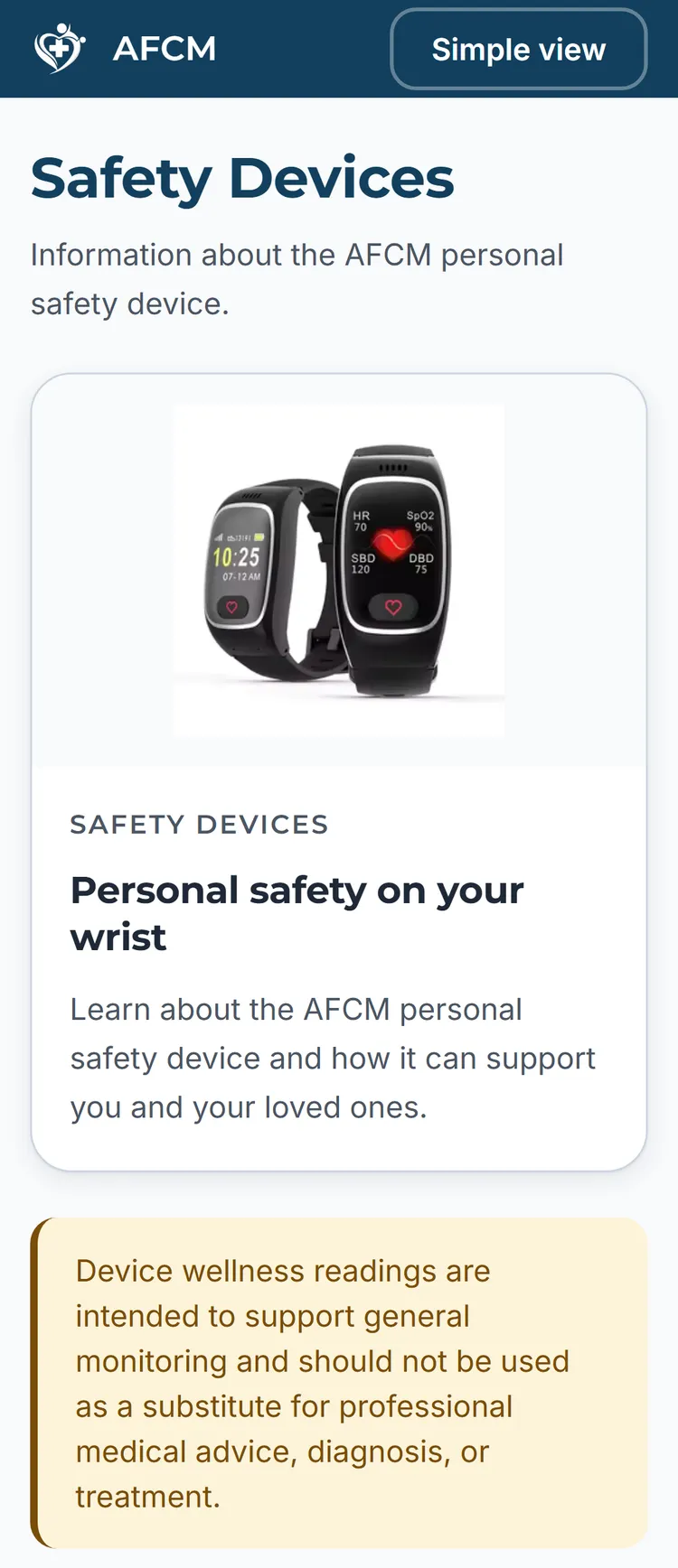 AFCM app safety devices screen showing the wearable device and its safety guidance