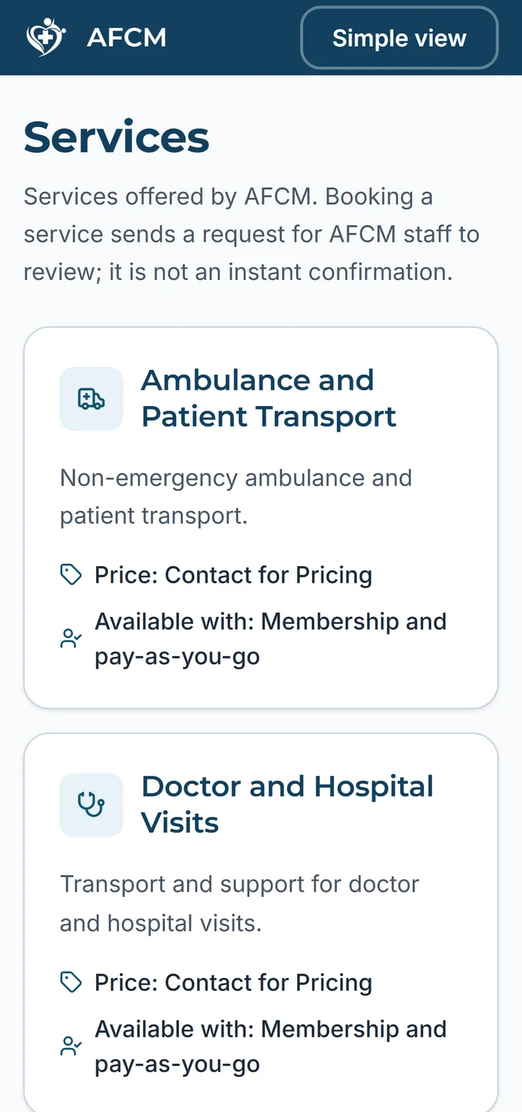 AFCM app services screen listing the services you can book, each with its own icon